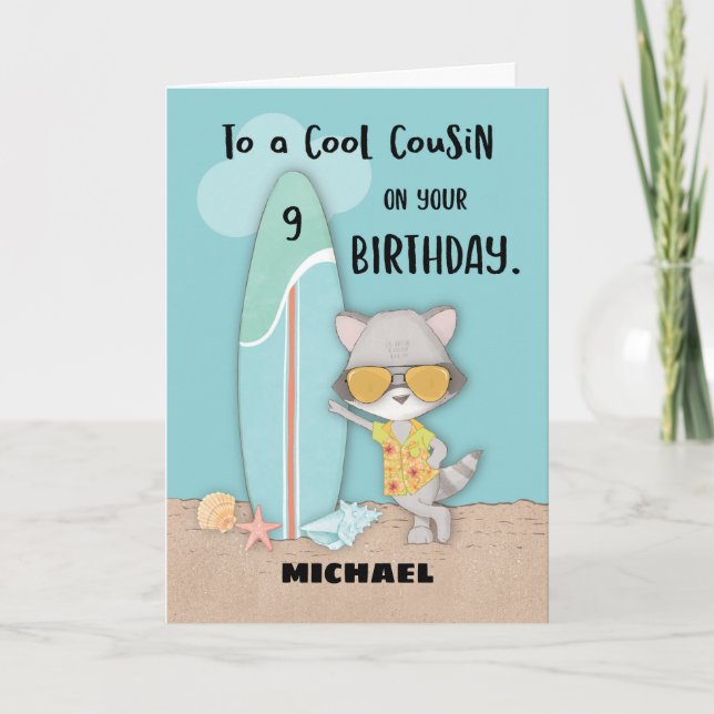 Tarjeta Edad 9 Primo Birthday Beach Funny Guay Raccoon (Anverso)