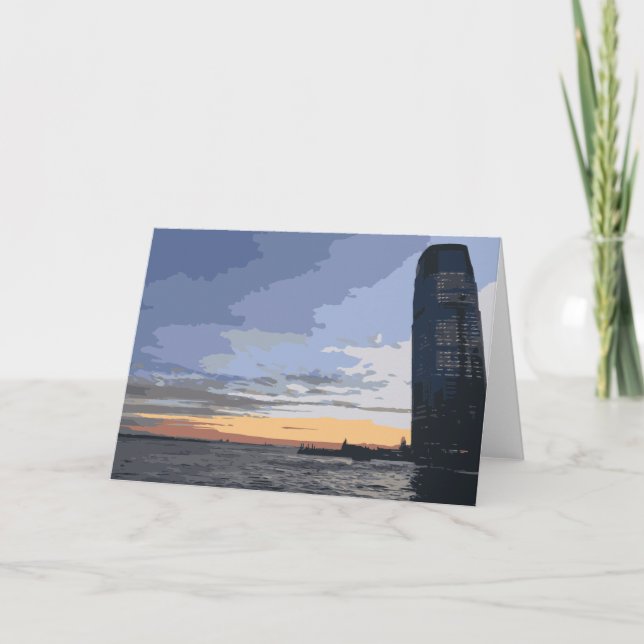 Tarjeta Edificio De La Ciudad En El Agua Con El Amanecer (Anverso)