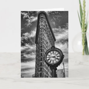 Tarjeta Edificio Flatiron y reloj en blanco y negro
