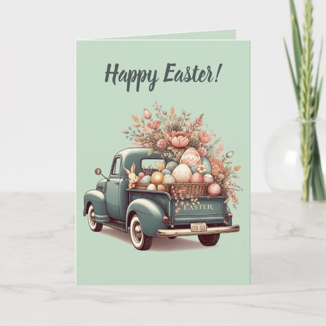 Tarjeta Editable Blue Truck Bunny Y Eggs Easter (Anverso)