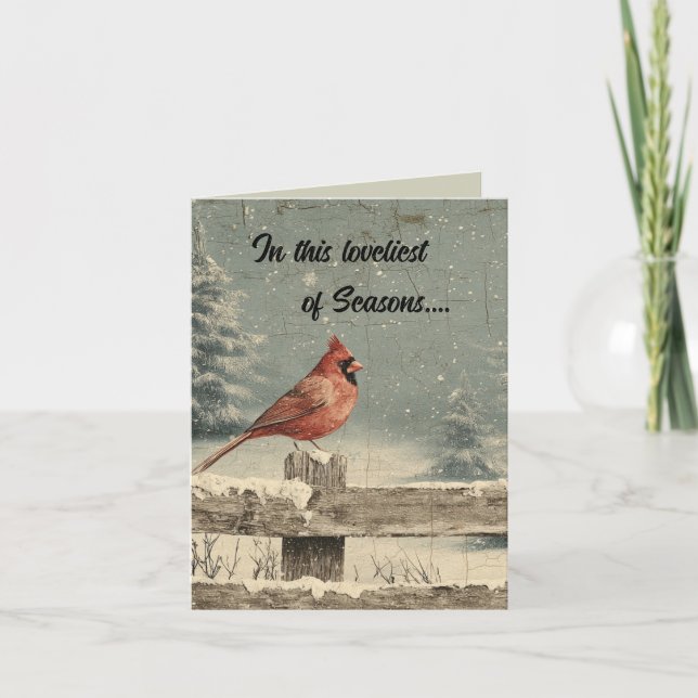 Tarjeta Editable Cardinal on a Fence in Winter Christmas (Anverso)