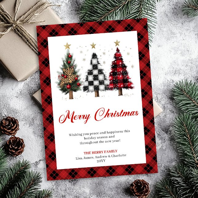 Tarjeta editable de árbol de Navidad con estampado (Stylish Buffalo Plaid Christmas Tree Editable Card)