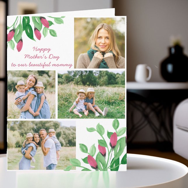 Tarjeta Editable de Collage de Fotos Acuarela Flor (Photo collage mother's day card with floral accents)