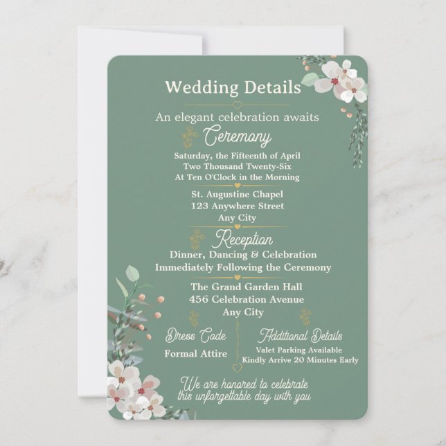 Tarjeta editable de detalles de boda floral verde  (Anverso)