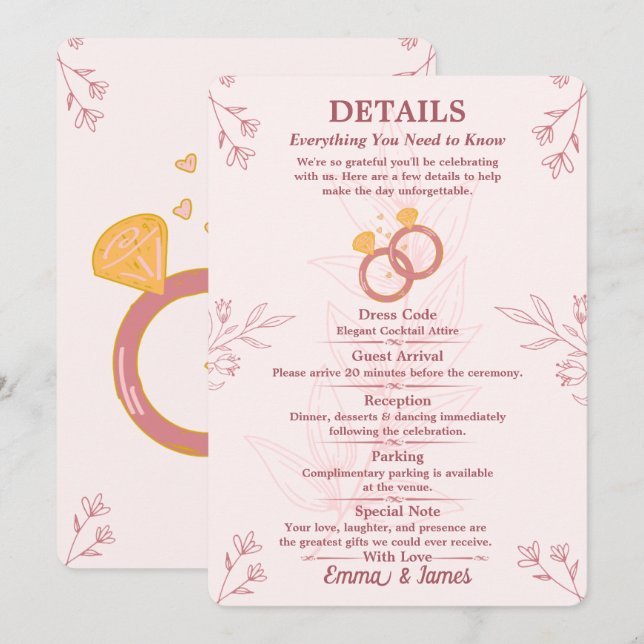 Tarjeta Editable de Detalles de Compromiso Floral  (Anverso / Reverso)
