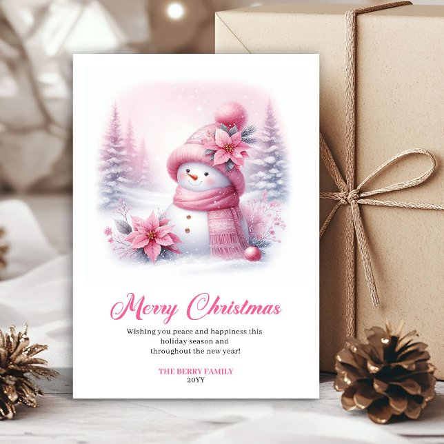 Tarjeta editable de Navidad de muñeco de nieve ros (Lovely pink snowman Christmas kids card editable layout)
