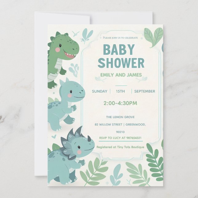 Tarjeta editable Dinosaur Baby Boy Shower para niñ (Anverso)