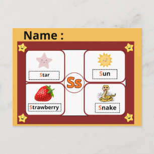 Tarjeta educativa del alfabeto letra S para niños 