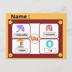 Tarjeta educativa del alfabeto letra U para niños 