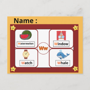 Tarjeta educativa del alfabeto letra W para niños 