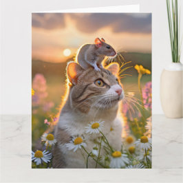 Tarjeta Een kat met een muis op zijn kop tussen de bloemen
