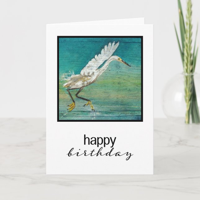 Tarjeta Egret Bird Magnífico Arte De Playa Costera Pintado (Anverso)