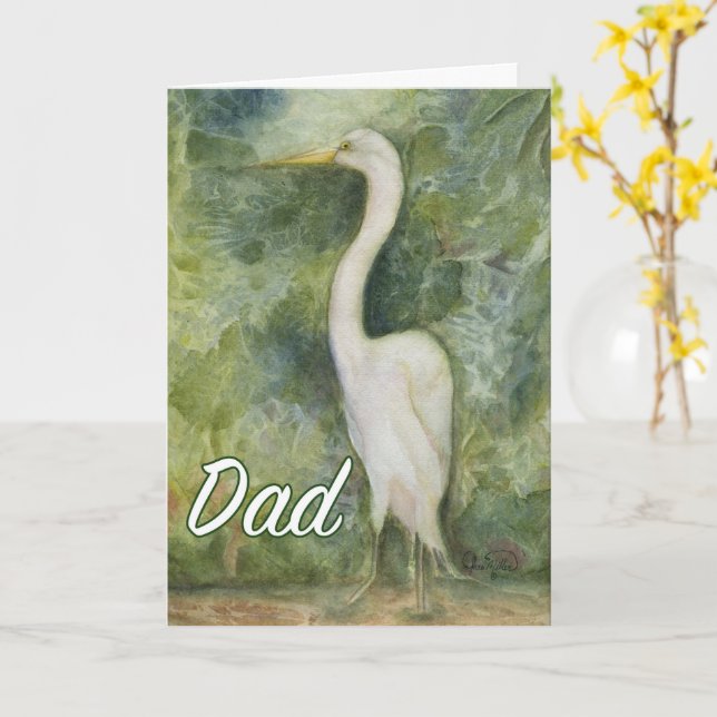 Tarjeta Egret white bird wilderness Dad Birthday (flor amarilla)
