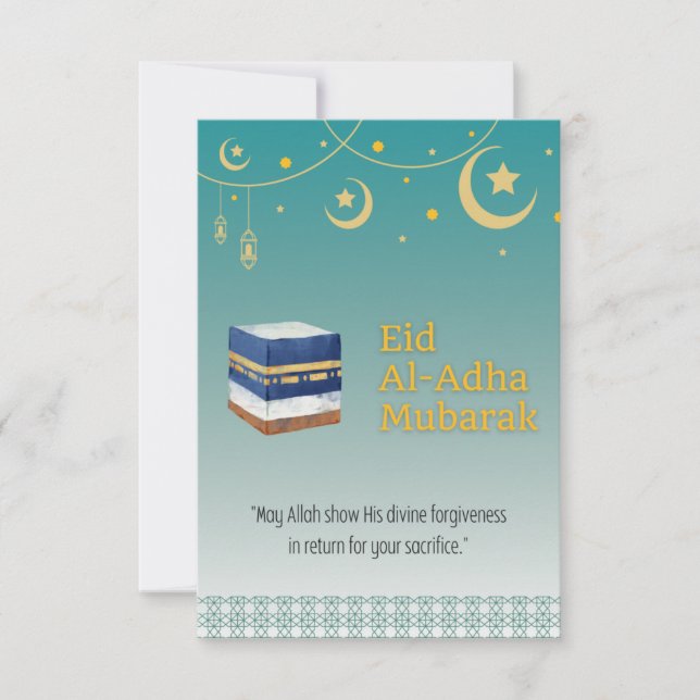 Tarjeta Eid Al-Adha Mubarak en imagen azul y ka'ba (Anverso)