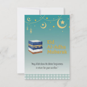 Tarjeta Eid Al-Adha Mubarak en imagen azul y ka'ba