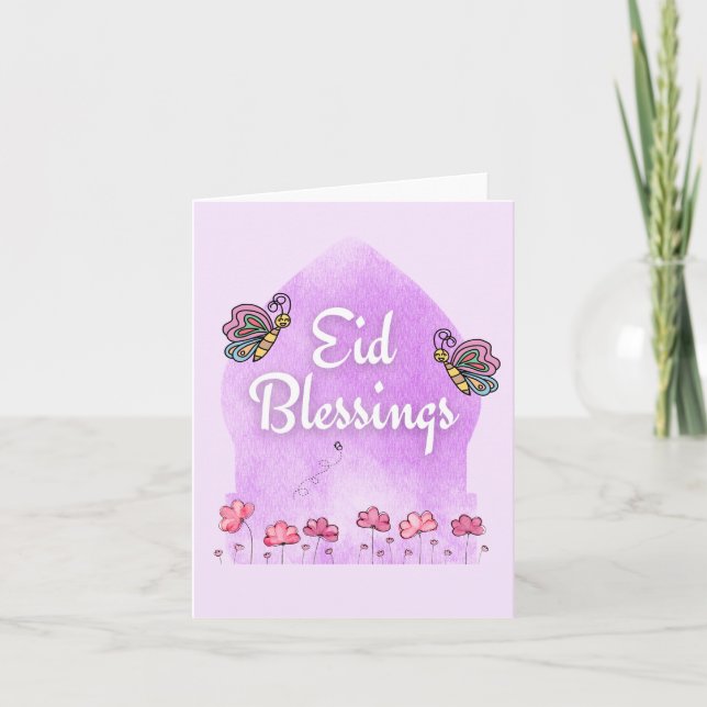 Tarjeta Eid Fitr Adha Bendiciendo Mariposas Rosa (Anverso)