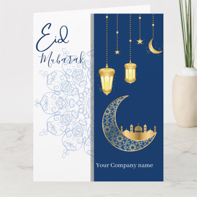 Tarjeta Eid Mubarak /Custom Company Name  blue Greeting  (Anverso)