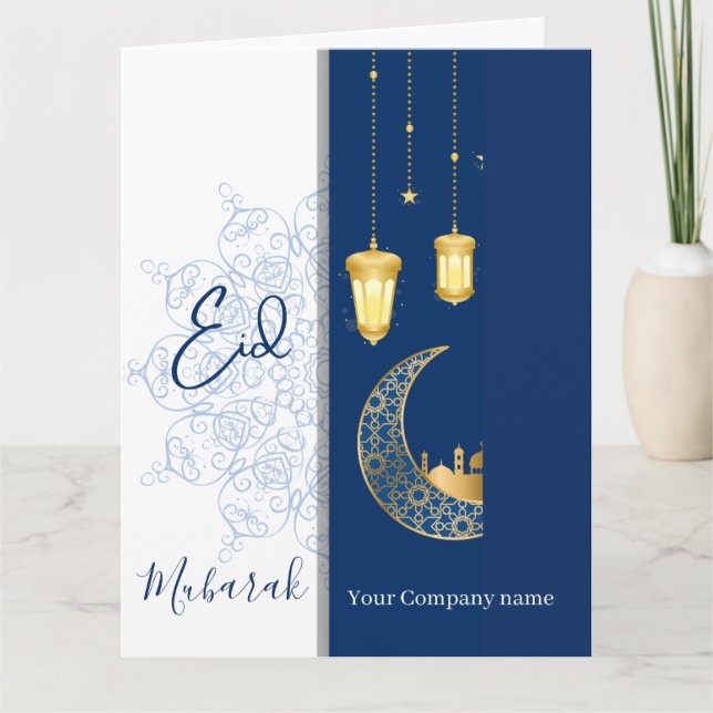 Tarjeta Eid Mubarak /Custom Company Name  blue Greeting  (Anverso)
