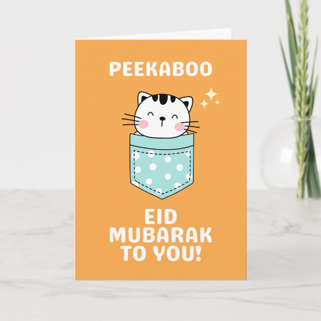 Tarjeta Eid Mubarak Eid para el gato peekaboo (Anverso)