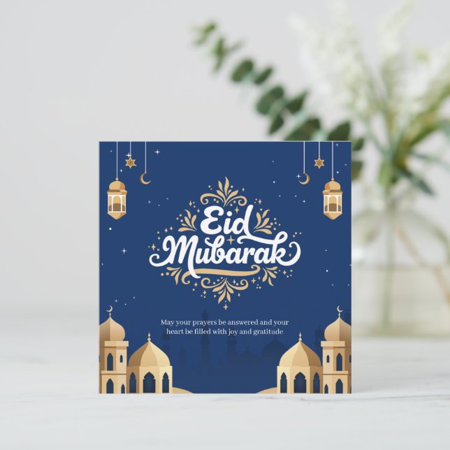 Tarjeta Eid Mubarak Golden & Blue  (Anverso de pie)