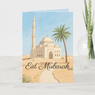 Tarjeta Eid Mubarak Sencilla Mezquita de Acuarela Palm Tre
