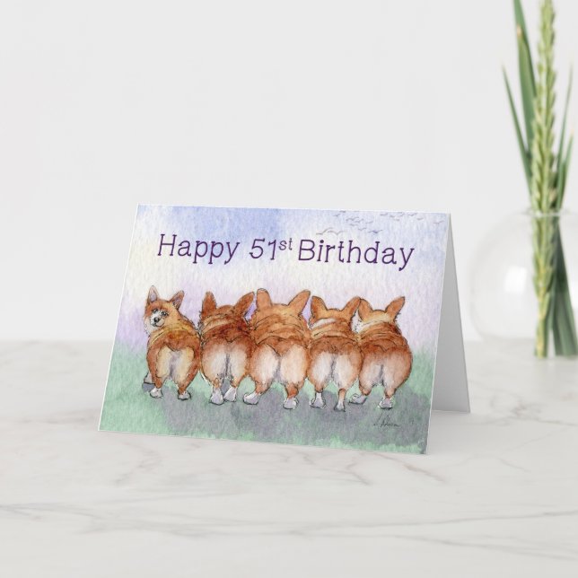 Tarjeta El 51.o cumpleaños feliz, corgi persigue la (Anverso)