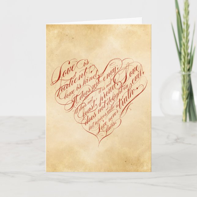 Tarjeta El amor es paciente... Corazón rojo caligráfico (Anverso)