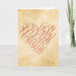 Tarjeta El amor es paciente... Corazón rojo caligráfico