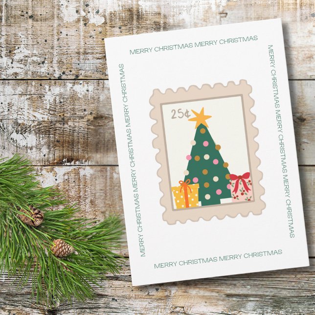 Tarjeta El árbol de Navidad retro presenta estampado y fot (Subido por el creador)