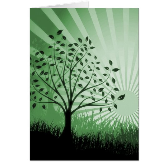 Tarjeta El árbol sale de la silueta y del resplandor solar