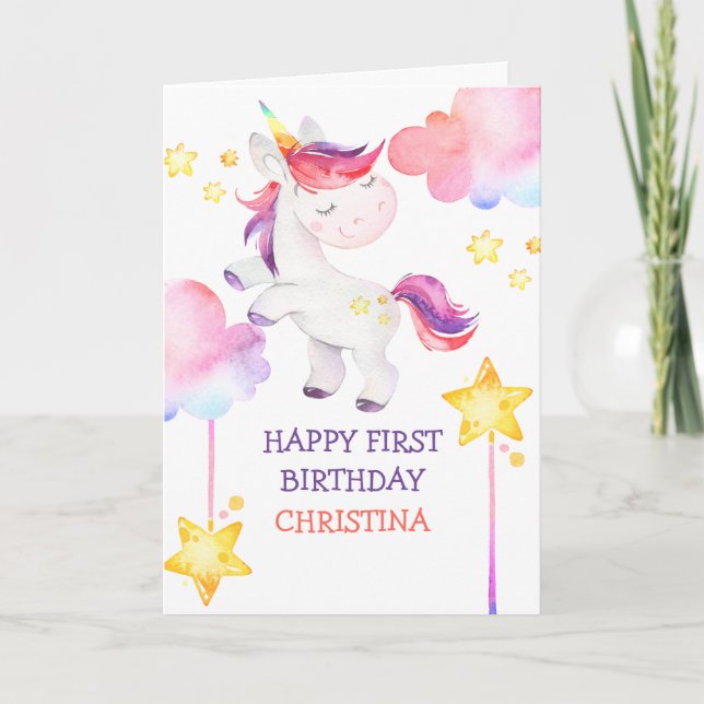 Tarjeta El arcoiris de Unicornio primero es feliz cumpleañ (Anverso)
