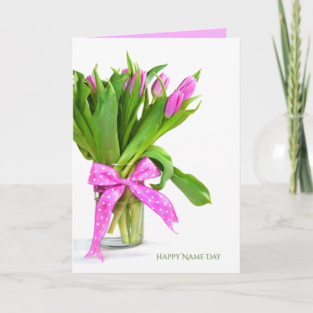 Tarjeta El bouquet rosado de tulipanes para el Día del Nom (Anverso)