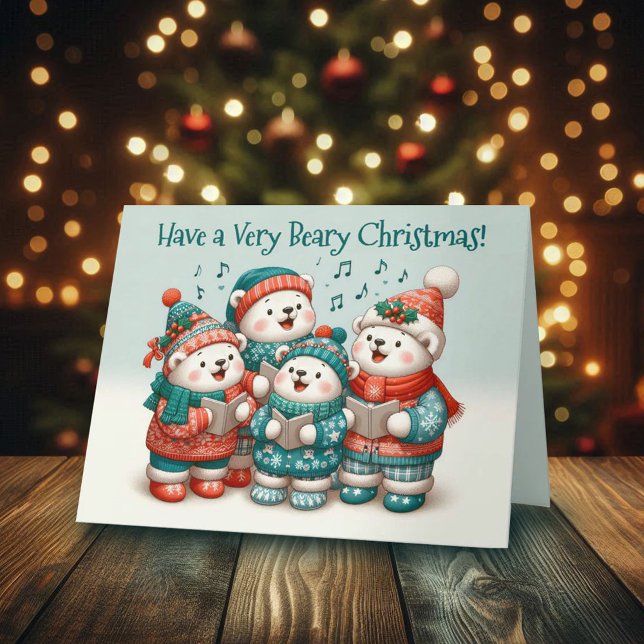 Tarjeta ¡El canto de los osos polares tiene Navidades muy  (Cute Polar Bears Sing Have a Very Beary Christmas Greeting Card Cover Photo)