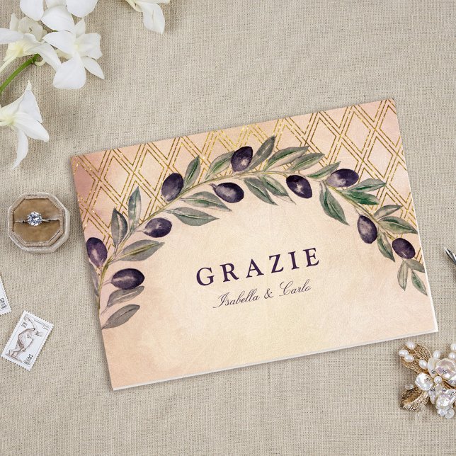 Tarjeta El casarse toscano rústico de las ramas de olivo (Tuscan Gold Lattice and Olive Branches Folded Thank You Card)