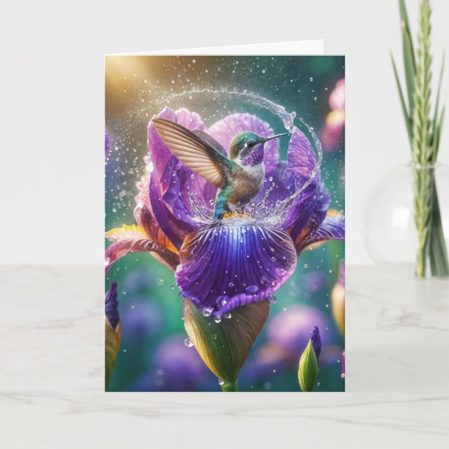 Tarjeta El colibrí chocando en un iris morado (Anverso)