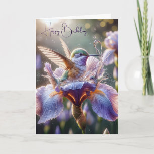 Tarjeta El colibrí chocando en un iris morado