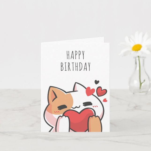 Tarjeta El corazón del gato lindo feliz cumpleaños (Planta pequeña)