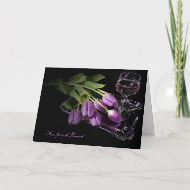 Tarjeta El cumpleaños de un amigo -tulipanes y vino (Anverso)
