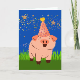 Tarjeta El curioso cumpleaños tardío con cerdo en Gorra de
