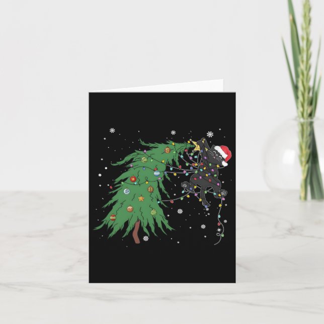 Tarjeta El curioso gato negro de Santa se enreda en el árb (Anverso)