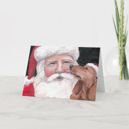 Tarjeta El Dachshund Rojo besando a Santa Claus El saludo