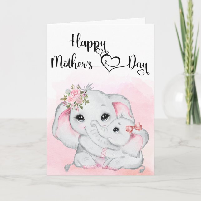 Tarjeta El día de la madre bebé, un elefante rosado (Anverso)
