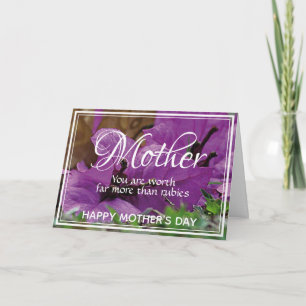 Tarjeta EL DÍA DE LA MADRE, Púrpura, VALE MÁS QUE RUBIAS