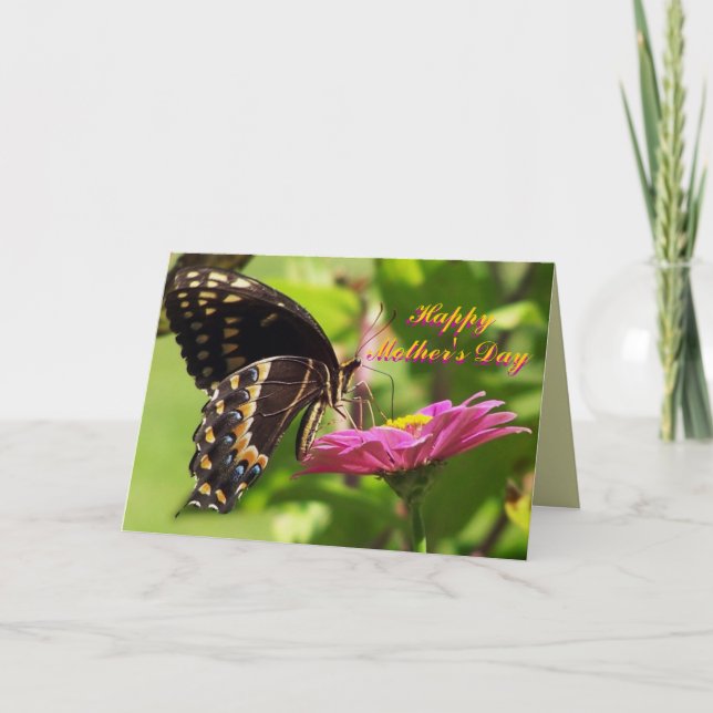 Tarjeta El día de madre feliz, amigo, mariposa en la flor (Anverso)