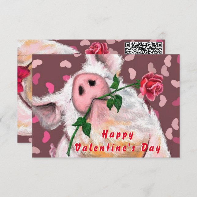 Tarjeta el día de San Valentín Caballero Cerdo QR  (Anverso / Reverso)