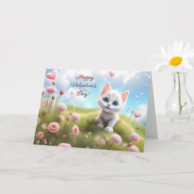 Tarjeta El día de San Valentín con un gatito blanco de ojo (Planta pequeña)