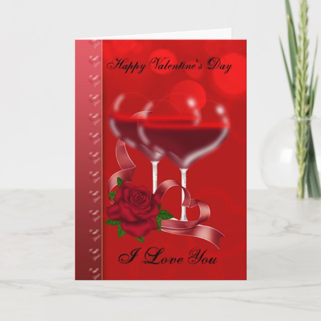 Tarjeta el día de San Valentín con vino rojo en fo (Anverso)