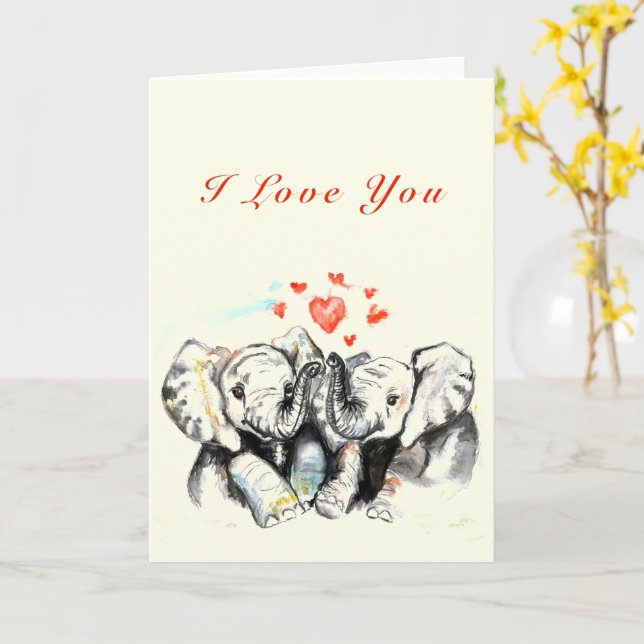 Tarjeta El día de San Valentín Cute Couple Elephan (flor amarilla)