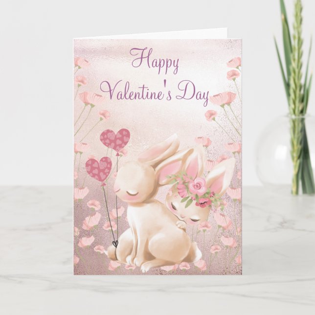 Tarjeta El día de San Valentín de amor de conejitos rosado (Anverso)