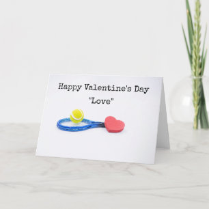 Tarjeta El día de San Valentín de tenis con pelota, raquet
